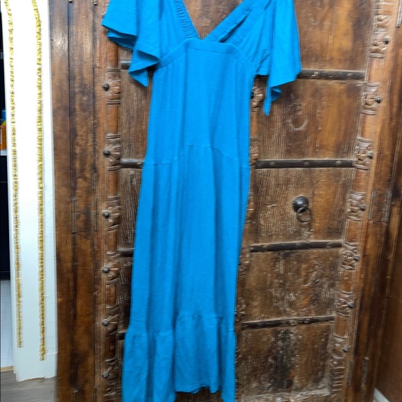 Turquoise Boho Maxi Dress | Flutter Sleeves Resort Vacation Dress | Size M - Picture 7 of 8